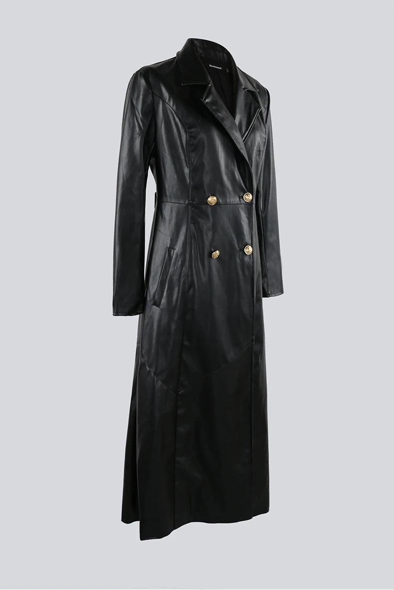 Nerazzurri Extra Long Red Black Pu Leather Trench Coat for Women with Gold Button Double Breasted Luxury Elegant Chic Overcoat