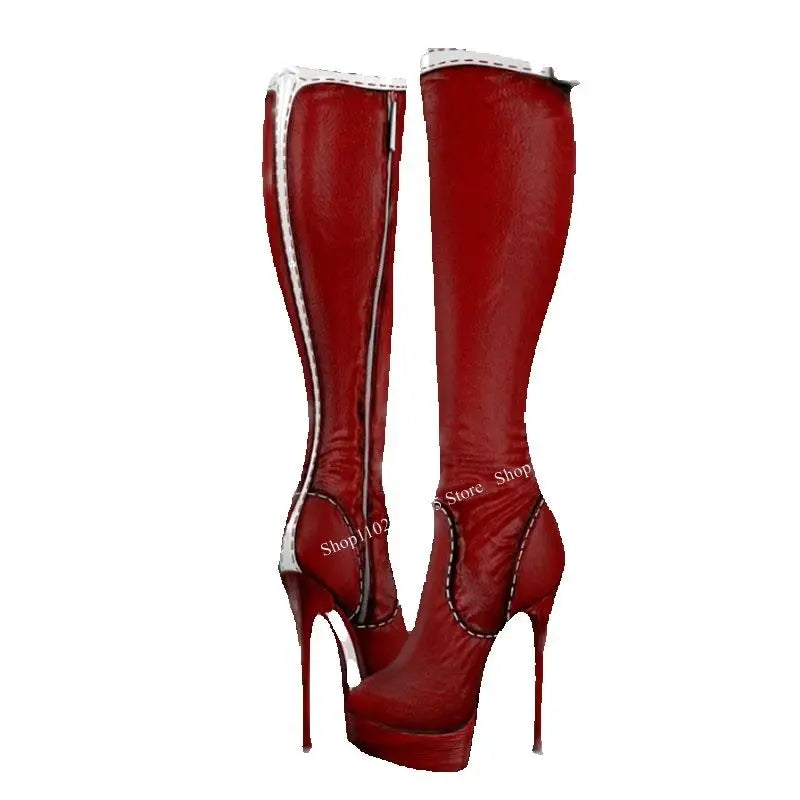 Red Zipper Knee HIgh Platform Boots Thin High Heel Round Toe Fashion Sexy 2025 Winter Big Size Woman Shoes Zapatillas Mujer