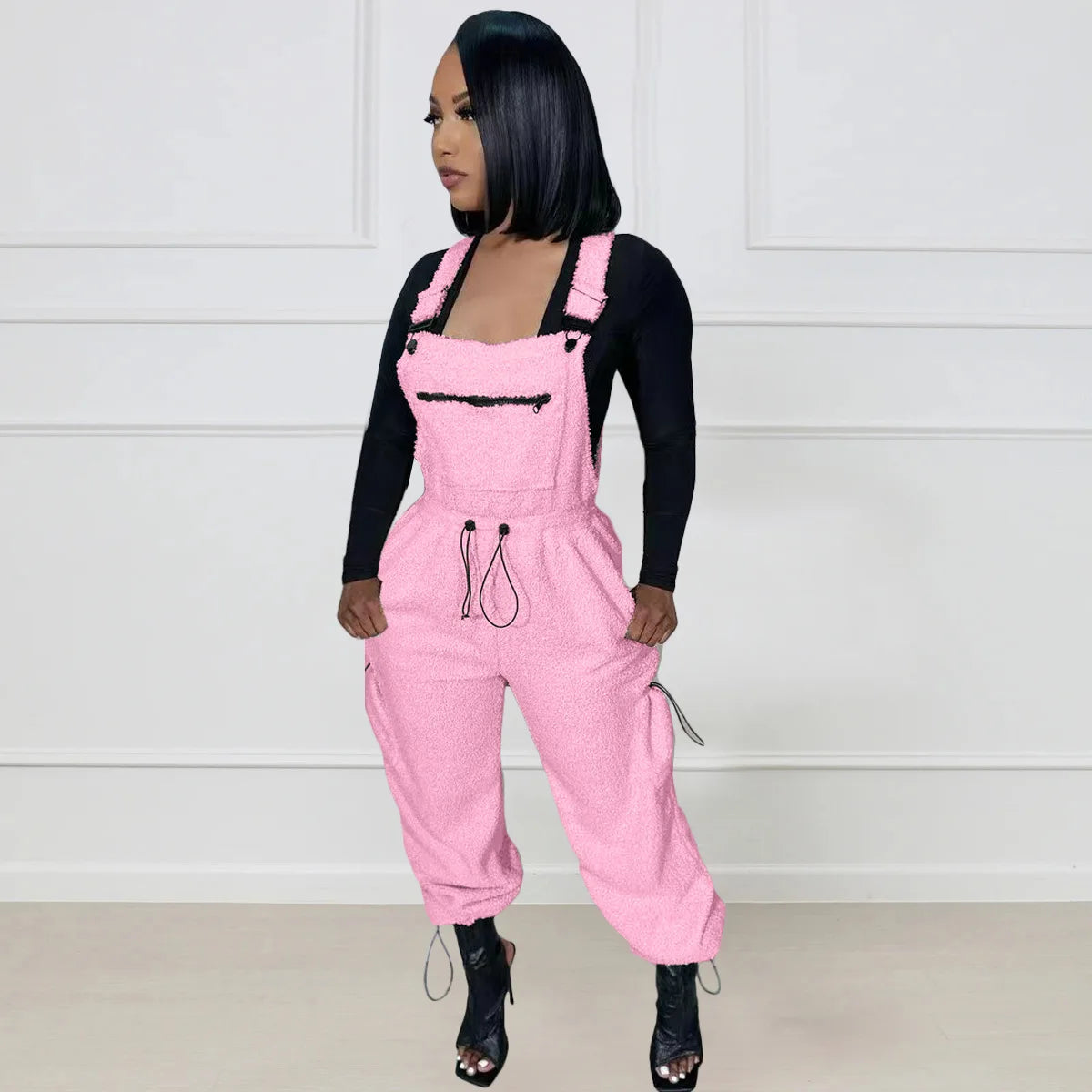 Lace Up Jumpsuit Women One Piece Jumpsuits Fur Rompers High Waist Spring Autumn Pants Mom Overalls Playsuits Elegant Pink