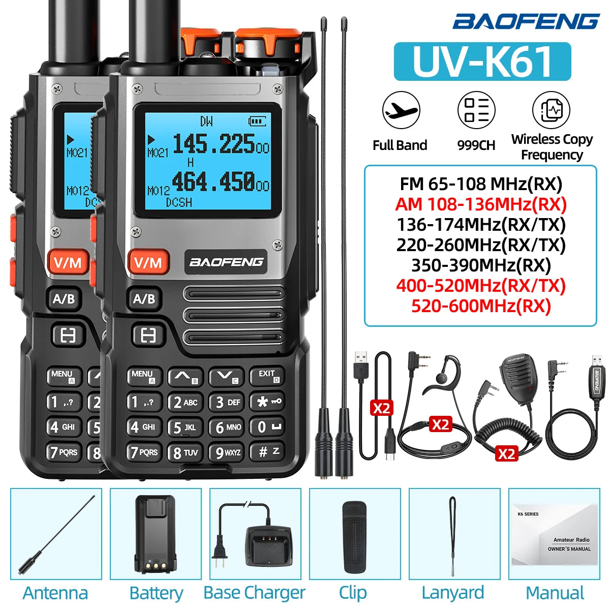 1/2PCS Baofeng UV-K61 Walkie Talkie Multi Band Wireless Copy Frequency 999CH Type-C AM DTMF NOAA UV-5R UV 5RH K6 K5(8) Ham Radio