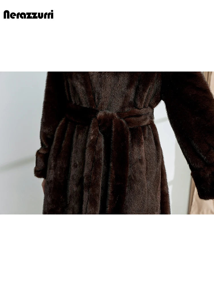 Nerazzurri Autumn Winter Long Brown Thick Warm Elegant Luxury Fluffy Faux Mink Fur Coat Women V Neck Sashes Chic Furry Overcoat
