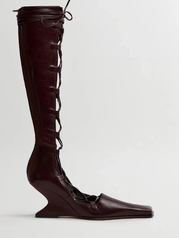 2026 Summer Hollow Out Strap Square Shaped Thick High Heels Summer Cool Boots Fashionable and Sexy Women's Sandals