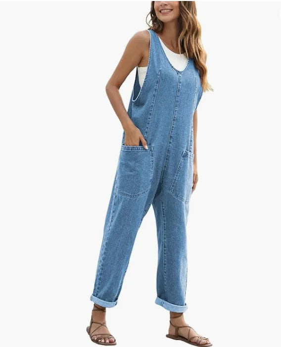 Denim Jumpsuit Women One Piece Sleeveless Rompers Pocket V Neck Spliced Casual Overalls Loose Jeans Jumpsuit Y2k Streetwear