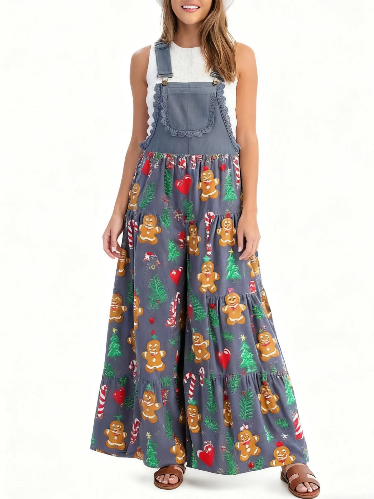 Xingqing Sexy Women Jumpsuits Christmas Themed Print Lace Patchwork Sleeveless Baggy Wide Leg Overalls Streetwear with Pocket