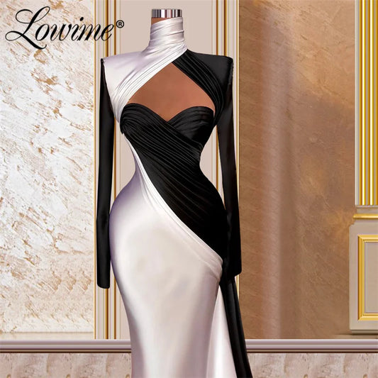 Formal Long Sleeves Black and White Evening Dresses Mermaid Plus Size Elegant Prom Party Dress Vestido De Fiesta Customized 2022