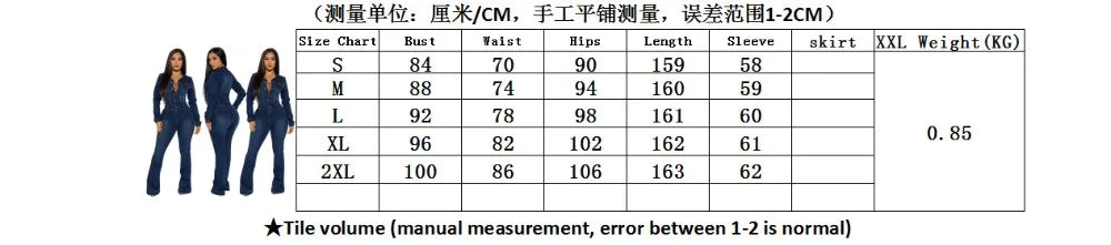 FAGADOER Fashion Denim Elastic Flared Pants Jumpsuits Women Turndown Collar Button Long Sleeve Playsuits Female Cowboy Overalls