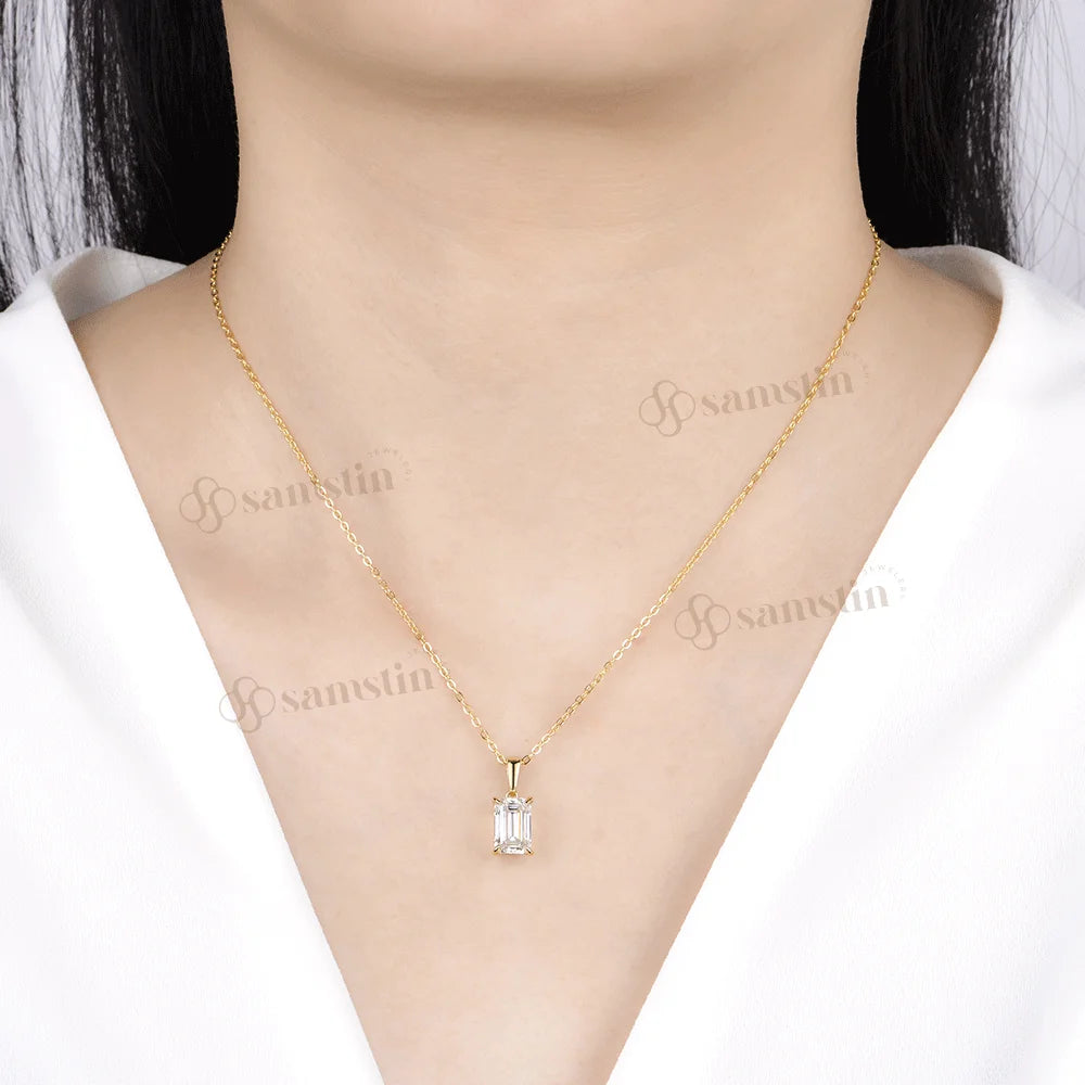 Samstin 2.5CT Emerald Cut Moissanite Necklace for Women Solid 14K 10K Yellow Gold Engagement Necklace for Anniversary Christmas