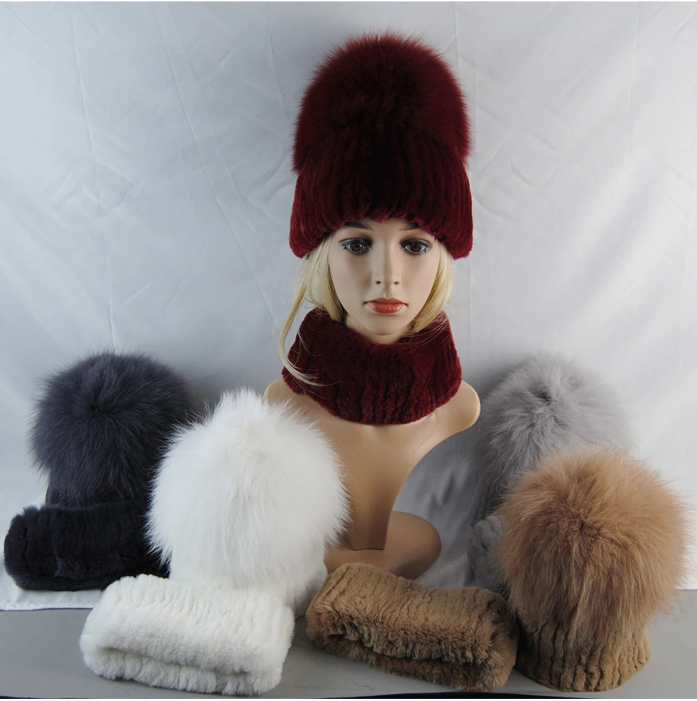 New Winter Lady Brand Hand Make Real Genuine Fox Fur Hat Scarf Girls Natural Real Rex Rabbit Fur Ring Cap Real Fur Scarves Hats