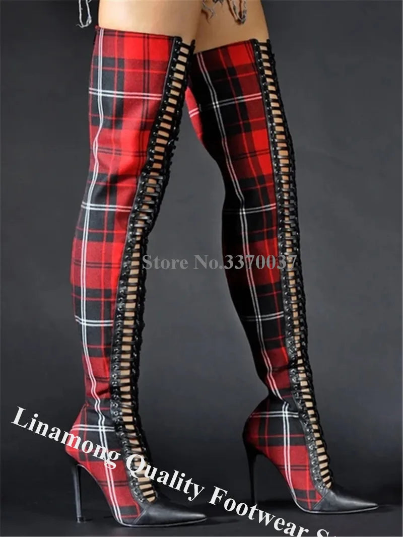 Red Plaid Short Boots Linamong Pointed Toe Cut-out Checkered Stiletto Heel Lace-up Ankle Booties Sexy Slim Dress Heels