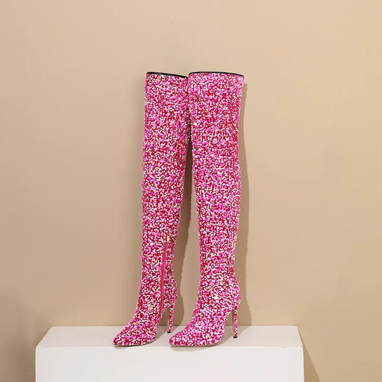 Over-the-Knee Boots for Women Pink Sequins Point Toe Boots Thin High-heeled Purple Thigh Long Boots Sexy Zip Heels Stiletto Shoe
