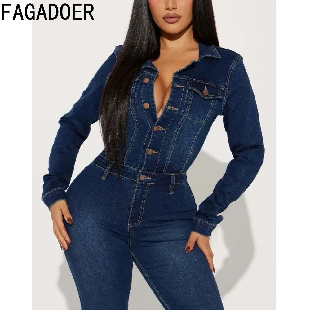 FAGADOER Fashion Denim Elastic Flared Pants Jumpsuits Women Turndown Collar Button Long Sleeve Playsuits Female Cowboy Overalls
