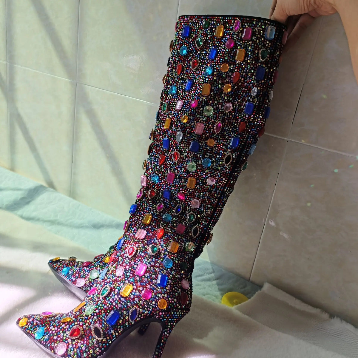 Women Fall Rhinestone Stud Knee High Boots Mixed Color Bling Pointed Toe Female Boots Luxury Designer High Heels Party Shoes