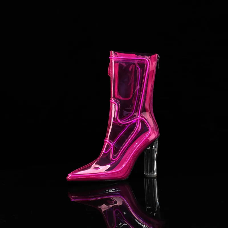 Women Glowing Transparent PVC Ankle Boots Pointed Toe Chunky Clear High Heel Fashion Sexy Dress Party Nightclub Festival Stage