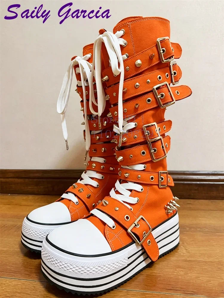 Festival Rave Orange Platform Boots Punk Rivet Buckle Straps Knee High Boots 2026 Fashion Thick Sole Women Shoes Party Footwear
