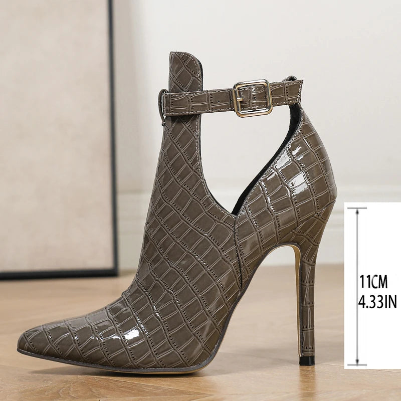 Aneikeh Spring Stone Patterned Fabric High-heeled Hollow Sandals Ankle Boots Pointed Toe Metal Buckle Shoes Modern Short Botas