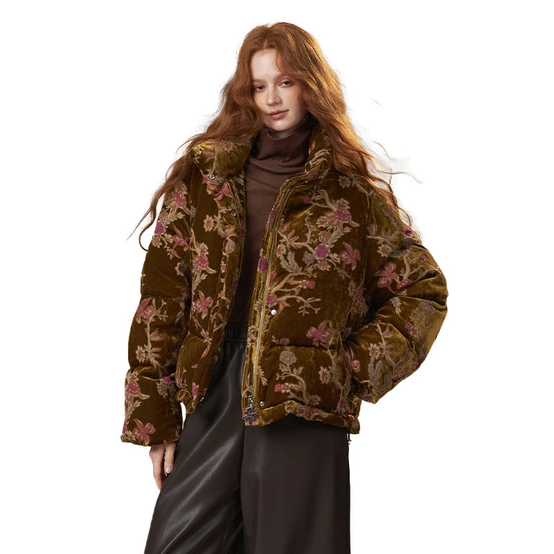 ELFSACK 2025 Women's Winter Down Jacket, Retro Floral Embroidery Stand Collar Puffer Coat, Romantic Thick Warm Padded Top