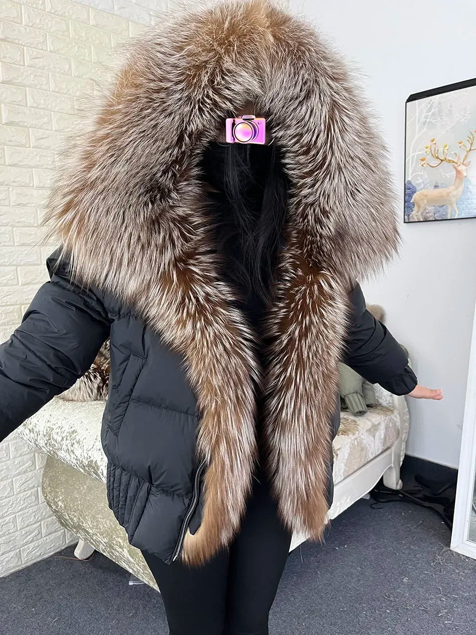 MMK 2023 Winter Women Warm White Duck Down Jacket Natural Real Fox Fur Collar Hood Puffer Coat Thick Luxury Outerwear