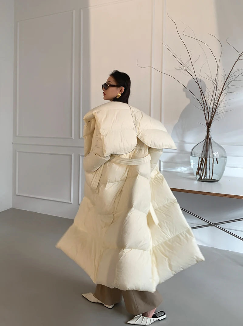 High end Ultra long White goose down Jacket For women Winter 2025 New Fashion Down Coat Female Thicken Parka Overcoat with belt
