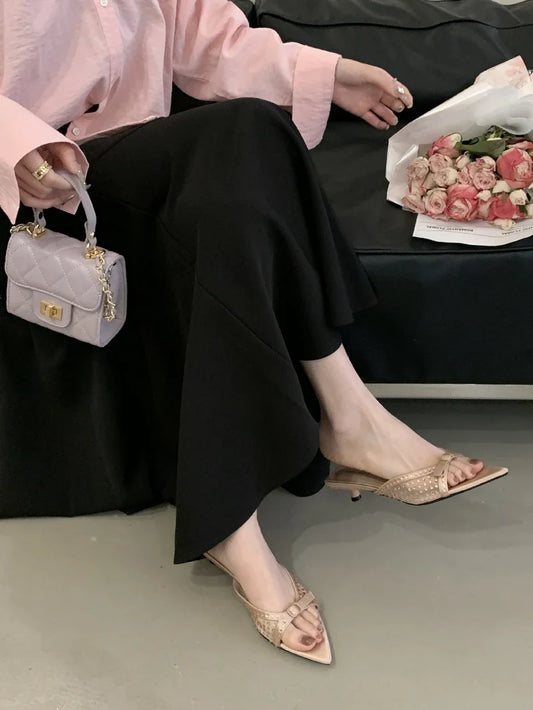 Luxury Rhinestone Mesh Kitten Heel Slippers Women Summer Sexy Pointed Toe Backless Slide Sandals Fashion Brand Designer Shoes