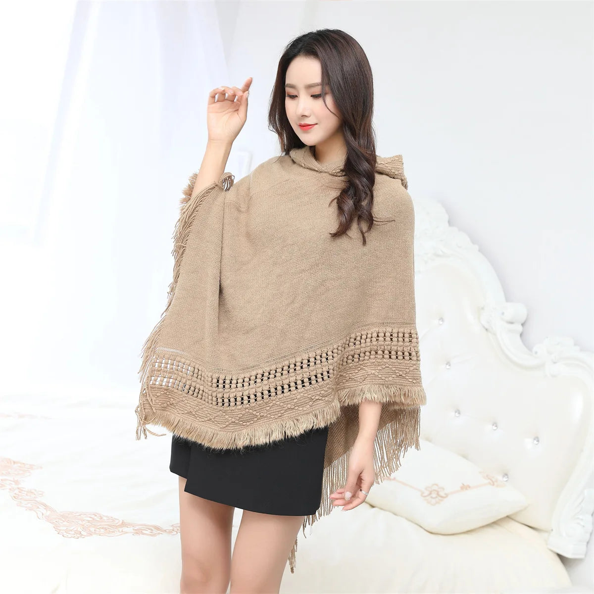 1 Piece of Women's Tassel Cape Tassel Cape Diagonal Striped Coat Bohemian Shawl Scarf