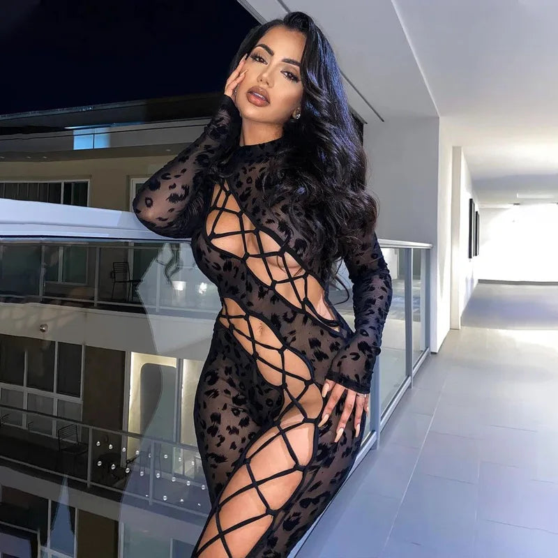 Sexy Women Clothes Leopard Flocked Mesh Jumpsuit Long Sleeve Criss‑Cross Lace‑Up Cut‑out See‑Through Night Club Party Bodysuit