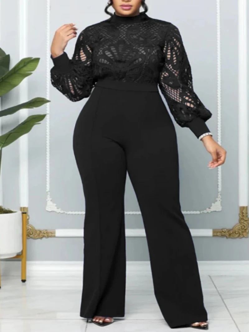 Elegant Women Jumpsuits Classy Hollow Out Lace Panel Long Sleeve Stretch One Piece Wide Leg Jumpsuits Oufits