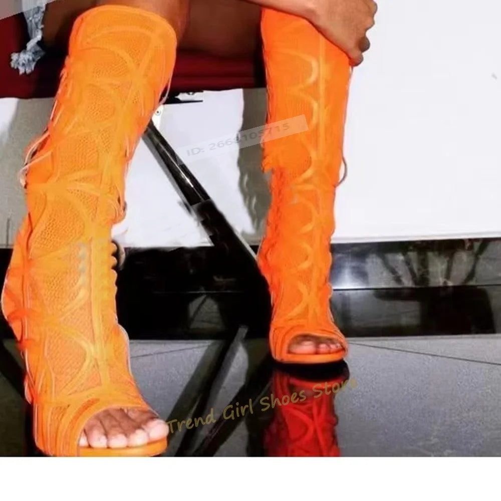 Mesh Hollow Out Peep Toe Boots Thin High Heels Solid Summer Patchwork Sandal Boots Knee High Women Shoes Designer New Style