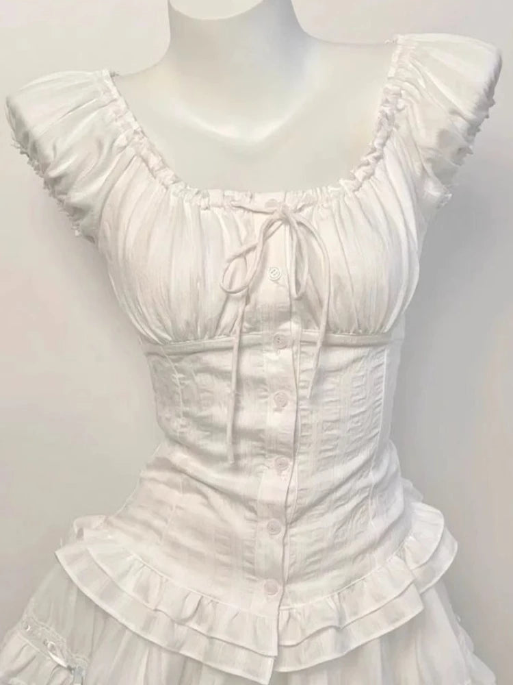 Deeptown Elegant Sweet White Blouses Women Sexy Square Collar Bow Crop Tops Vintage French Style Short Sleeve Ruffle Shirts