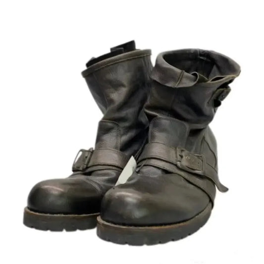 Retro Darkened Belt Buckle Motorcycle Boots Trendy for Both Men and Women Mid-calf Pleated Side Zipper Western Cowboy Boots