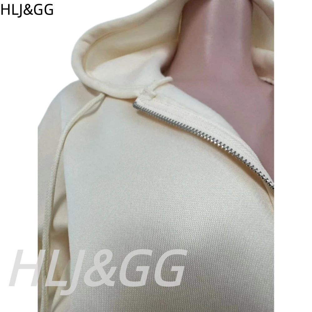 HLJ&GG Autumn Light Fleece Hooded Wine Leg Pants One Piece Jumpsuits Women Zipper Long Sleeve High Waist Sweat Sport Sportswears
