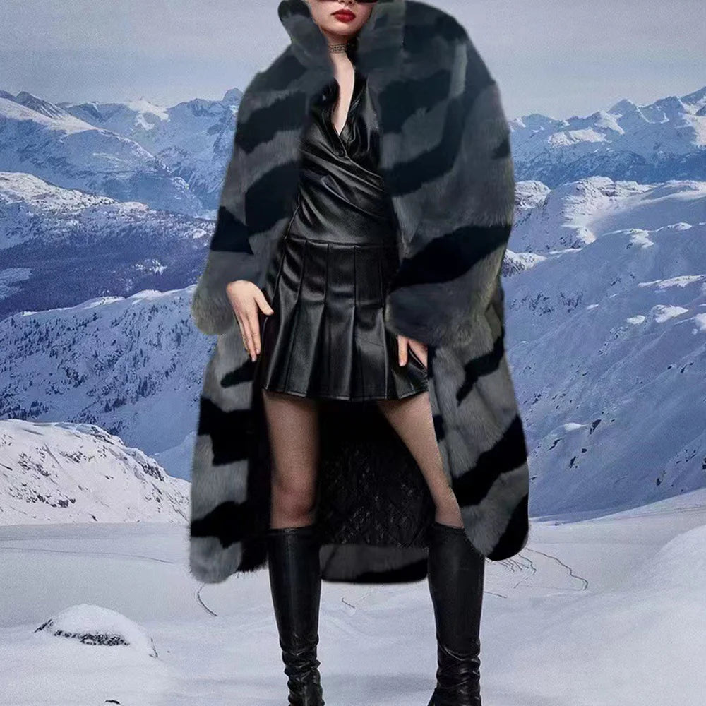 2026 Winter Plus Size Faux Fur Long Coat Women Tiger Long Sleeve Fluffy Jacket Ladies Large Thick Warm Furry Cardigan Outwear