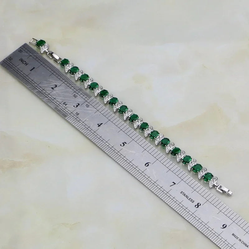 Natural Green Emerald White Topaz Silver Charm Bracelet Women Jewelry Fashion Accessories Gift For Her