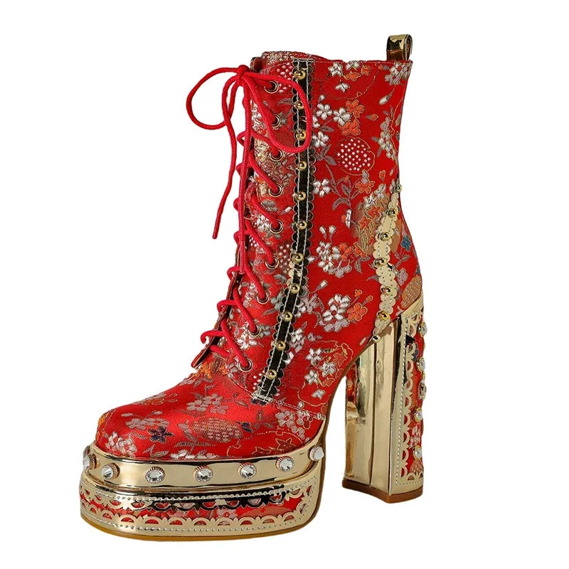 Embroidered Platform Lace-Up Chunky Heel Ankle Boots Woman Winter 2026 Floral Brocade Rhinestone High Heels Fashion Party Shoes