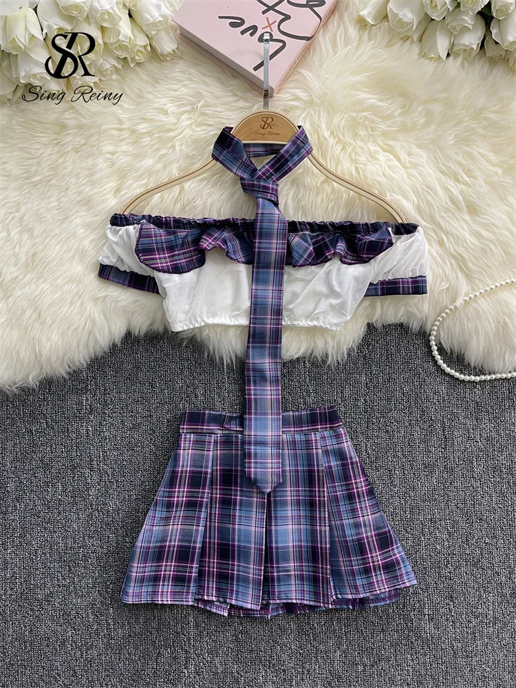 SINGREINY JK Uniform Plaid Sexy Erotic Sets Necktie+Sheer Short Strapless+Pleated Skirt Preppy Style Cosplay Pajamas Suits