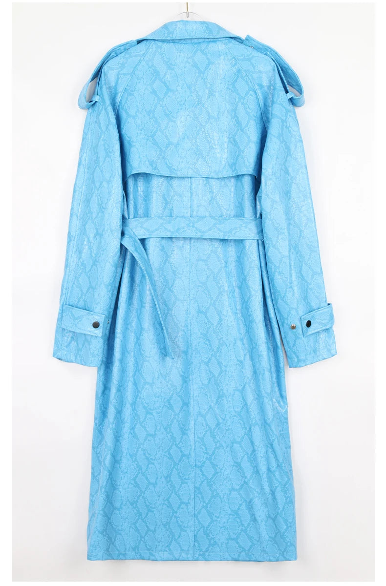 Nerazzurri Spring Autumn Long Oversized Colorful Snakeskin Print Patent Leather Trench Coat for Women Belt Runway Fashion 2022