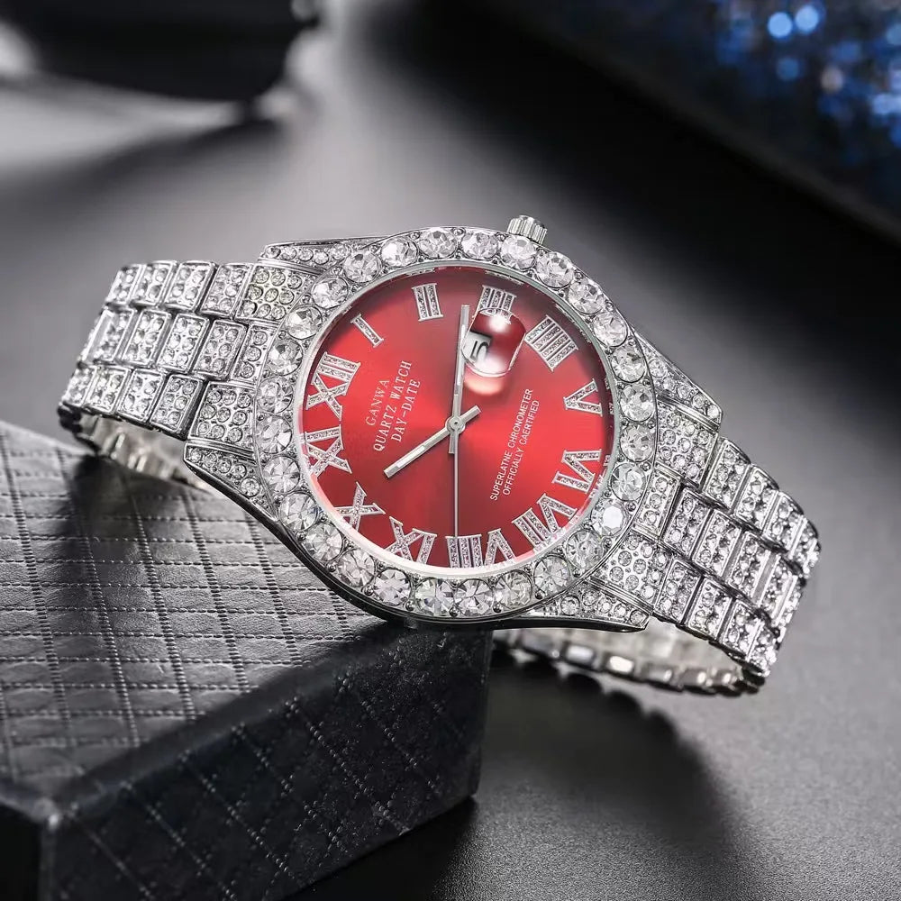 Luxury Gold Iced Out Rhinestone Quartz Wristwatch Unisex Sparkling Diamond Calendar Daily Wear Watch