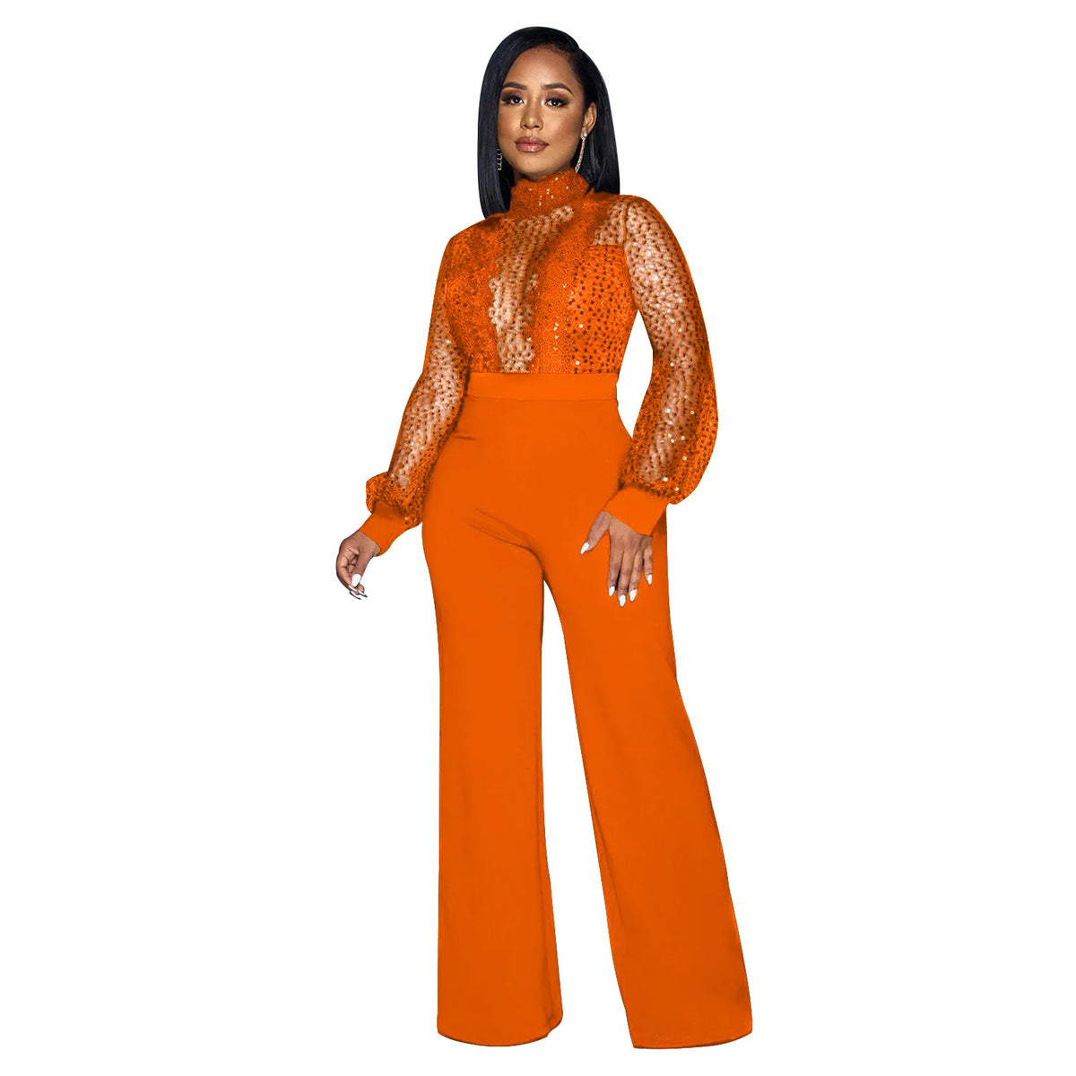 HBLL Women Sequin Lace Jumpsuit Elegant Long Sleeve Wide Leg Pants Sexy See Through Evening Party Outfits Jumpsuits With Belt