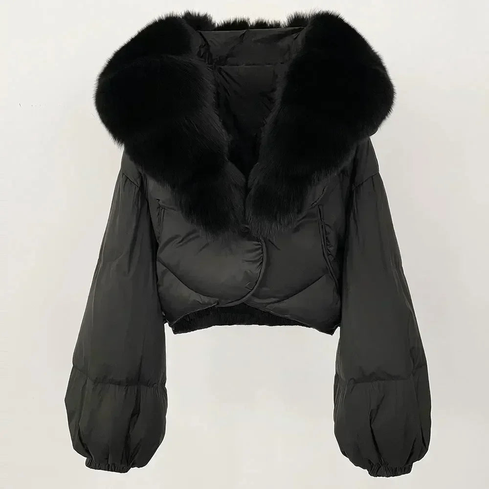Winter Female White Duck Down Jacket Luxury Loose Short Fashion Casual Women Warm Real Fox Fur Coat Long Sleeve Puffer Jacket