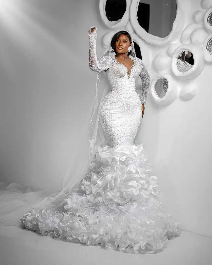 Luxury Mermaid Wedding Dress Beads Pearls Long Sleeve Ruffles Train Bridal Gowns Dubai Elegant Customized