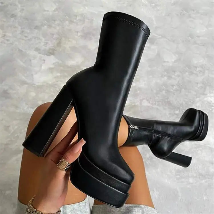 Foreign Trade Women's Shoes Fashion Super High Heels Platform Short Boots New Chunky Heel Mid-calf Boots Casual Ankle Boots CD