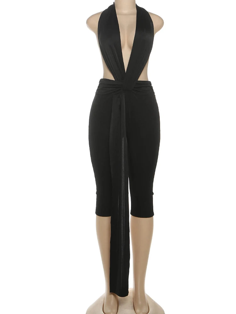 Weird Puss Ribbon Halter Romper Women Backless Patchwork Sleeveless Elastic Workout Activewear Midnight Activity Slim Playsuits