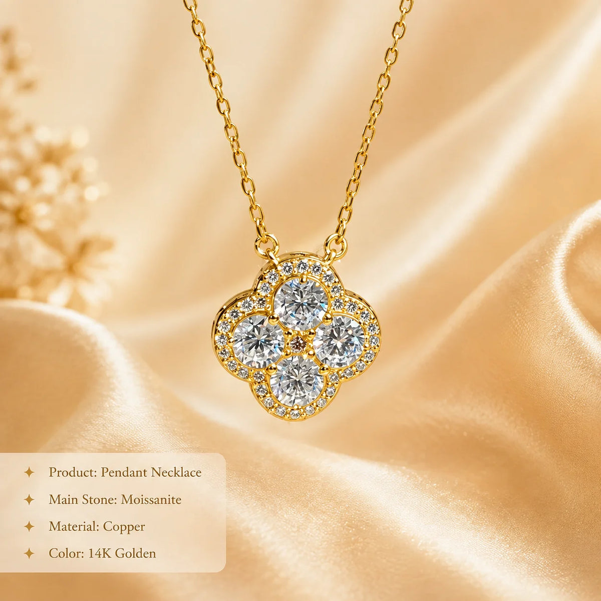Moissanite Four Leaf Clover Necklace GRA Certificate Plated Copper Lucky Pendant Chain Vintage Gift for Women