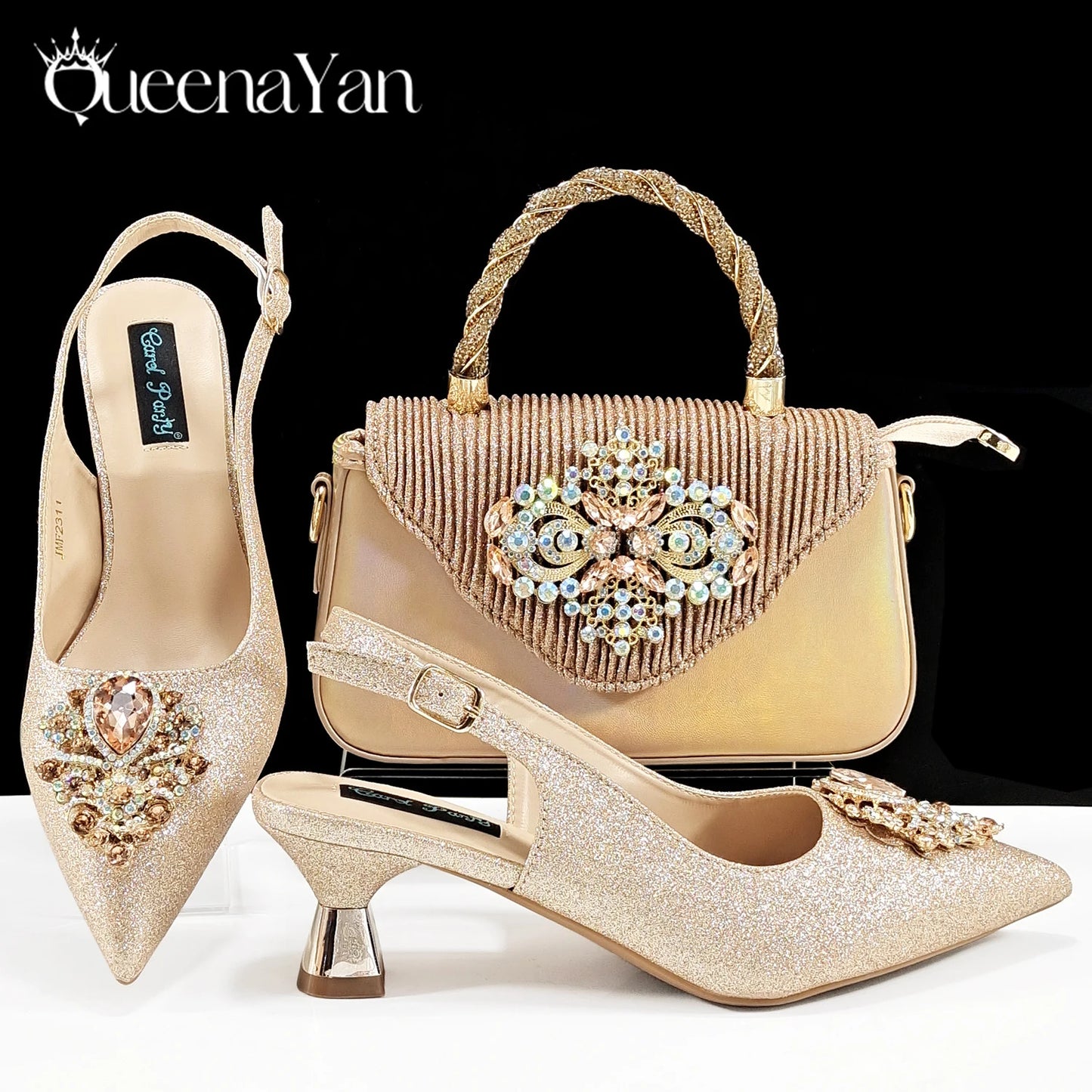 QSGFC Hot Selling INS Pointed-Toe Luxury Style Women High Heels Sandal With Bag Set Orange color Color For Wedding Party
