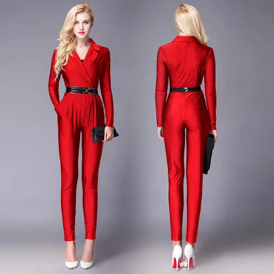 Fashion Women Long Sleeve Sexy V Neck Wide Leg Rompers Belted High Waist Jumpsuits Long Office Ladies Outfits Jumpsuit Colors