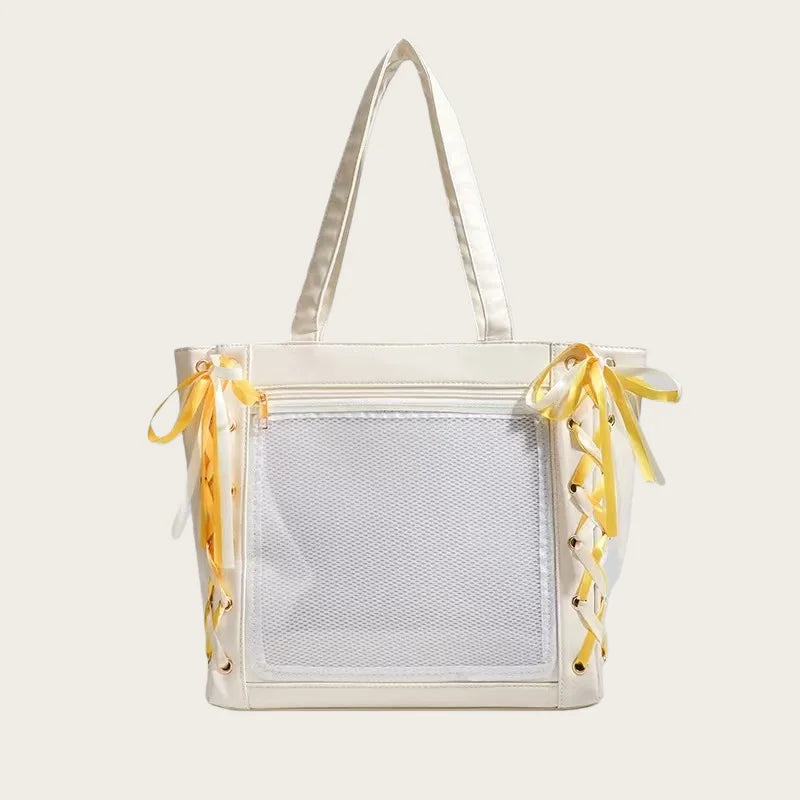 New Japanese Cute Sweet Ribbon Ita Bag Lolita Girls Transparent Handbags Fashion Large Capacity Tote Bag Aesthetic Shoulder Bags