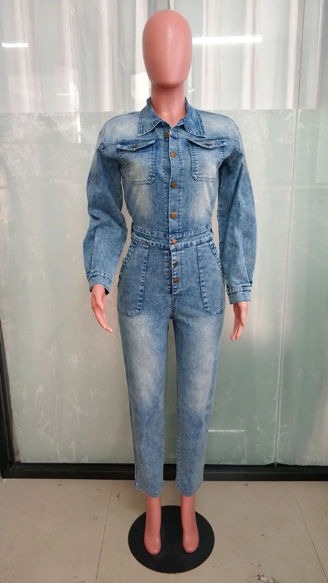 Winter Autumn Jeans Stretch Jumpsuit Sexy Women Turn Down Collar Elegant Denim Straight Romper Overalls