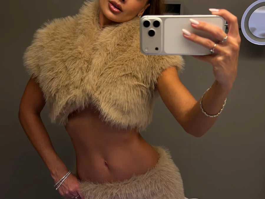 Women Faux Fur Short Coats Jackets 2 Piece Set Thick Warm Skirts Sets Y2k Streetwear Jacket Elegant Short Skirt Autumn Winter