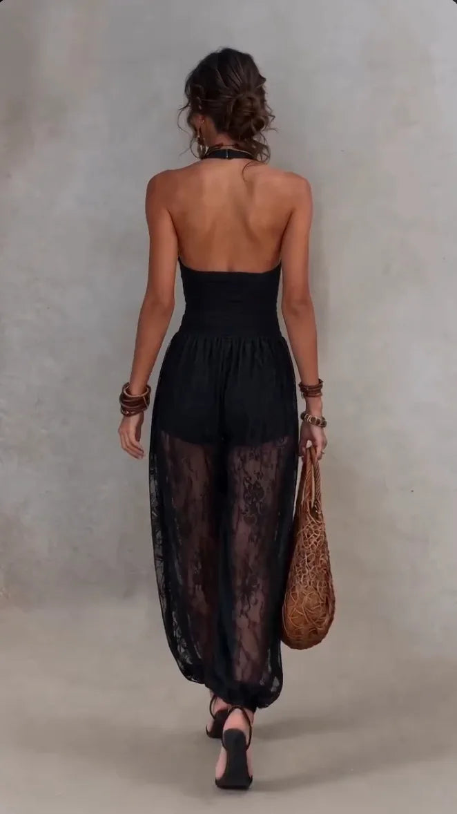 Solid Women Lace Jumpsuits For Spring Summer Sleeveless V-Neck Loose Fashion Streetwear Overalls Pants Trousers 2026