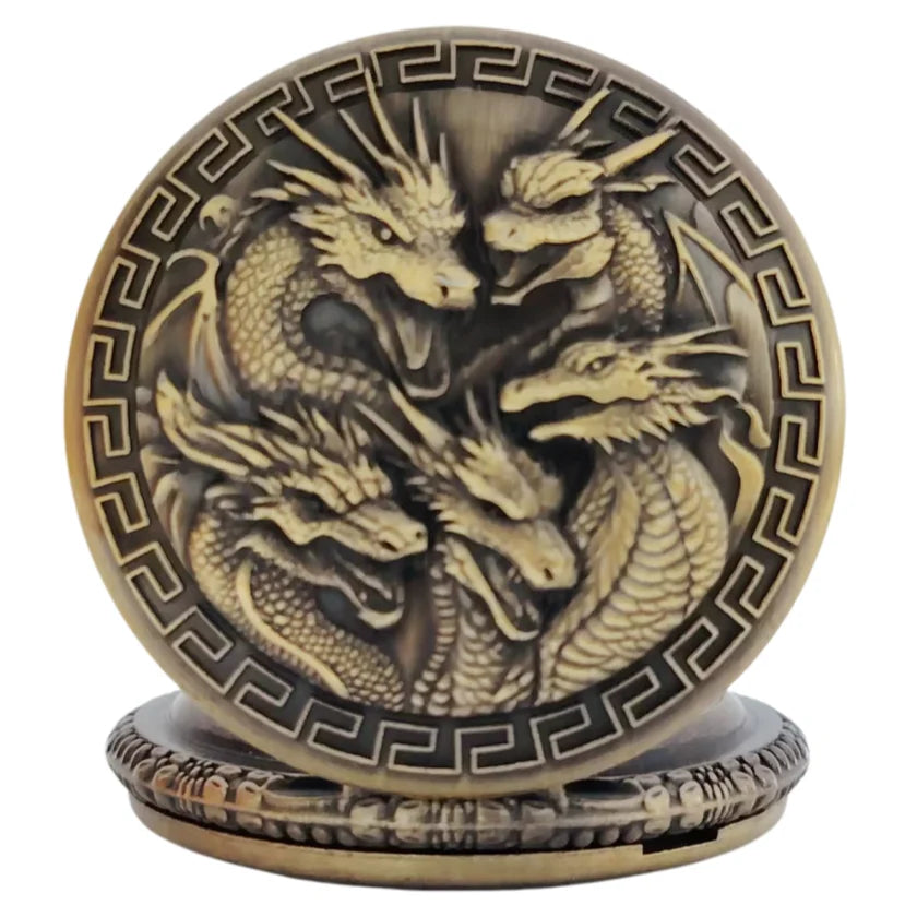 Vintage Steampunk Handsome Dragon Group Carved Quartz Pocket Watch Necklace Pendant Clock Chain Men's and Women's Gifts