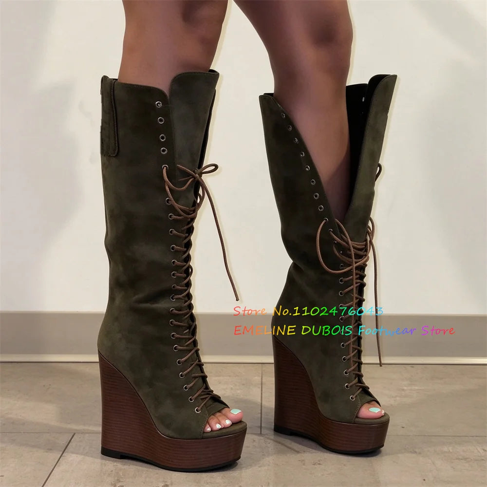 Orange Thick Bottom Slope Heel Hot Girl Strap Sexy High Heels Women Open Toe Platform Wedge Heel Color Patchwork Knee High Boot